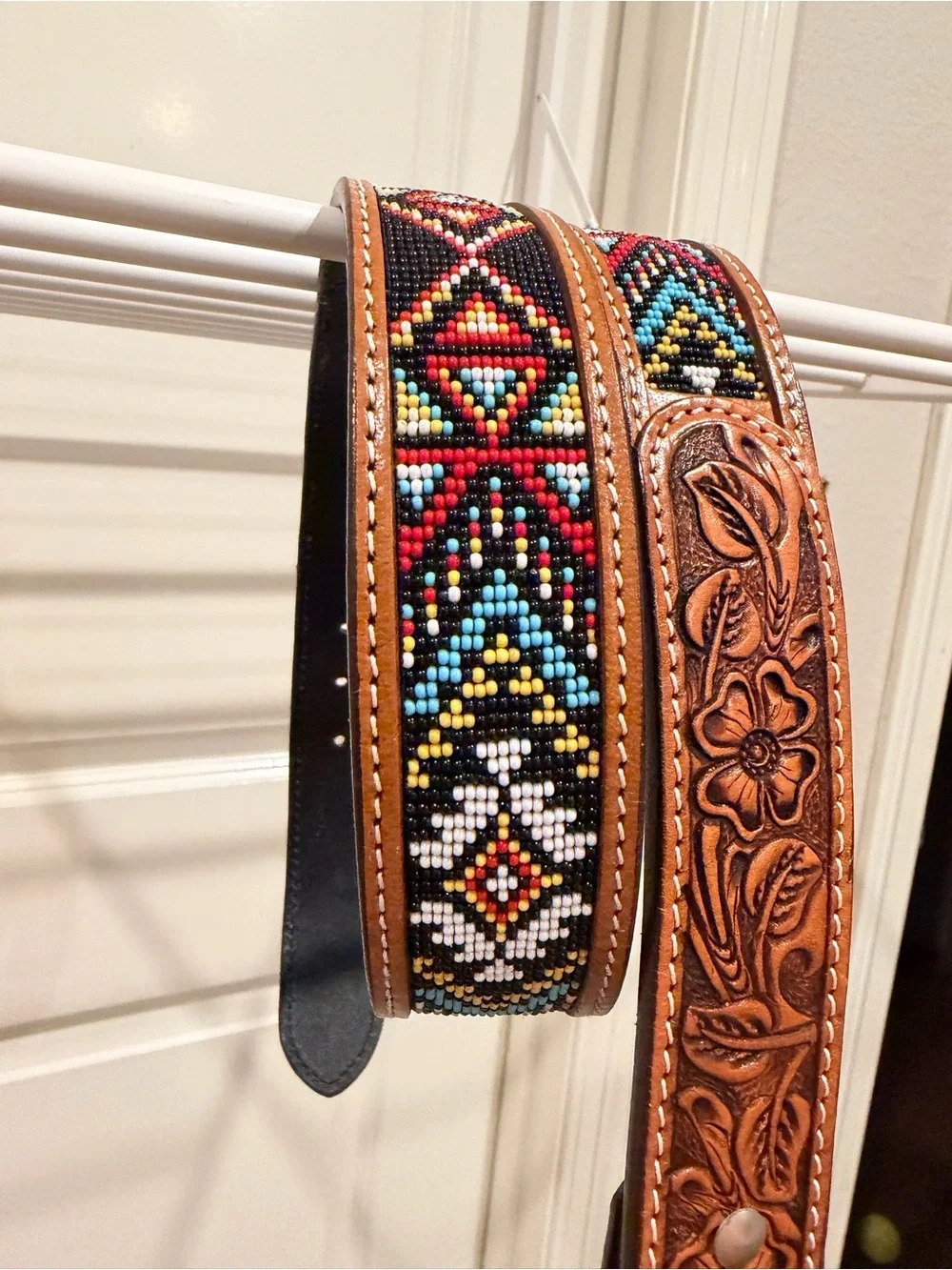 Tooled Leather Belt with Multicolor Beaded Accent - Brown